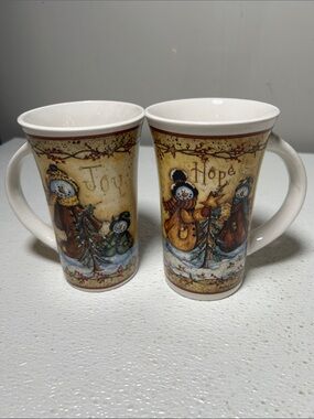Christmas Ceramic Snowman Coffee Tea Mug Cups Tall Signed Set 2